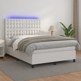 vidaXL Pat cu arcuri, saltea și LED, alb, 140x200 cm, piele eco