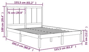 Cadru pat 5FT King Size, maro miere, 150x200 cm, lemn masiv pin maro miere, 150 x 200 cm