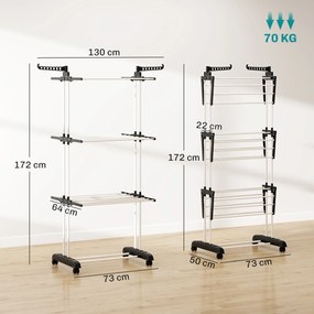 HOMCOM Uscător de Rufe Tip Turn cu 4 Niveluri, Suport pentru Uscat Rufe cu Aripi Laterale Pivotante și 4 Roți, 73x64x177 cm, Negru
